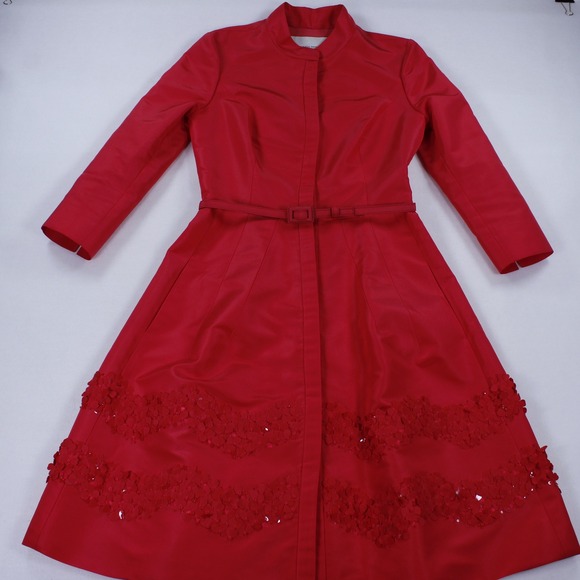 Carolina Herrera Dresses & Skirts - Carolina Herrera Red 100% Silk Embroidered Belted A-Line Shirt Dress Sz 6